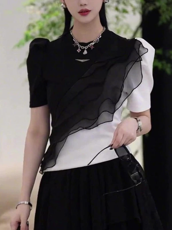 高级设计感气质圆领黑白拼接短袖2025年夏季冷淡系百搭T恤衫欧货