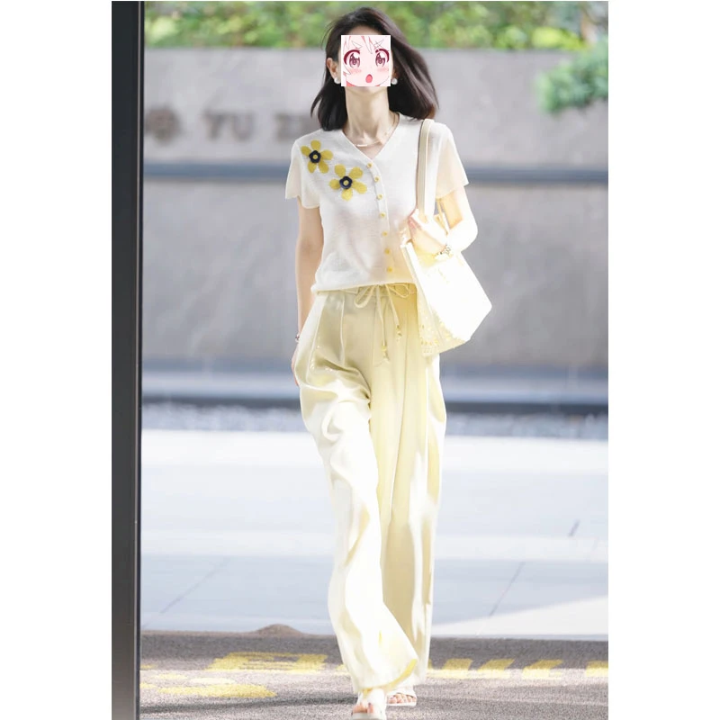 时尚轻熟风显瘦穿搭2025夏季薄款短袖针织开衫西装裤韩系两件套装