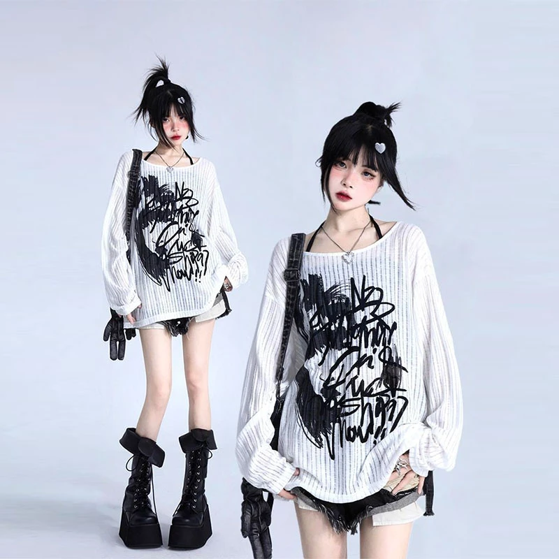 潮牌美式高街字母涂鸦印花长袖t恤女夏季小个子宽松防晒罩衫上衣