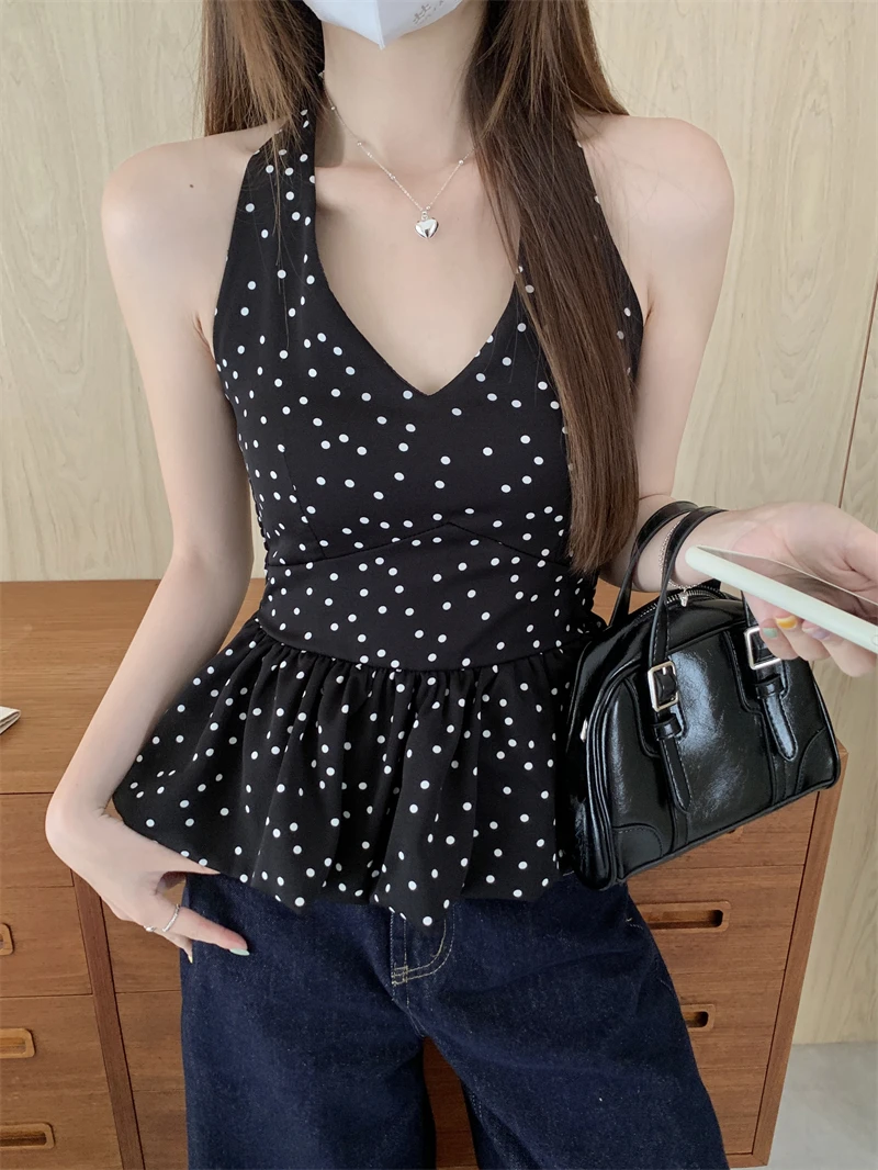 【高质量带内衬】法式波点v领背心挂脖上衣高级感辣妹外穿夏收腰