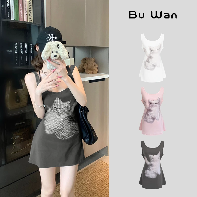 夏季纯欲大领口绑带两穿吊带背心裙猫咪印花上衣女F3723