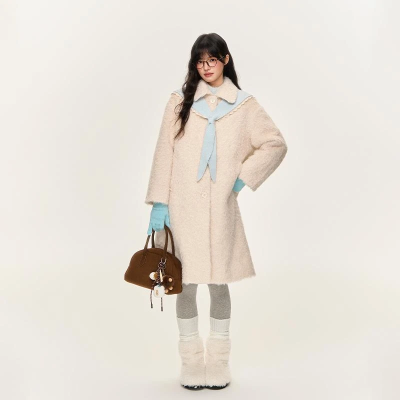 NTOT中长款翻领纽扣简约保暖外套水手领披肩毛呢大衣NOTWT24563