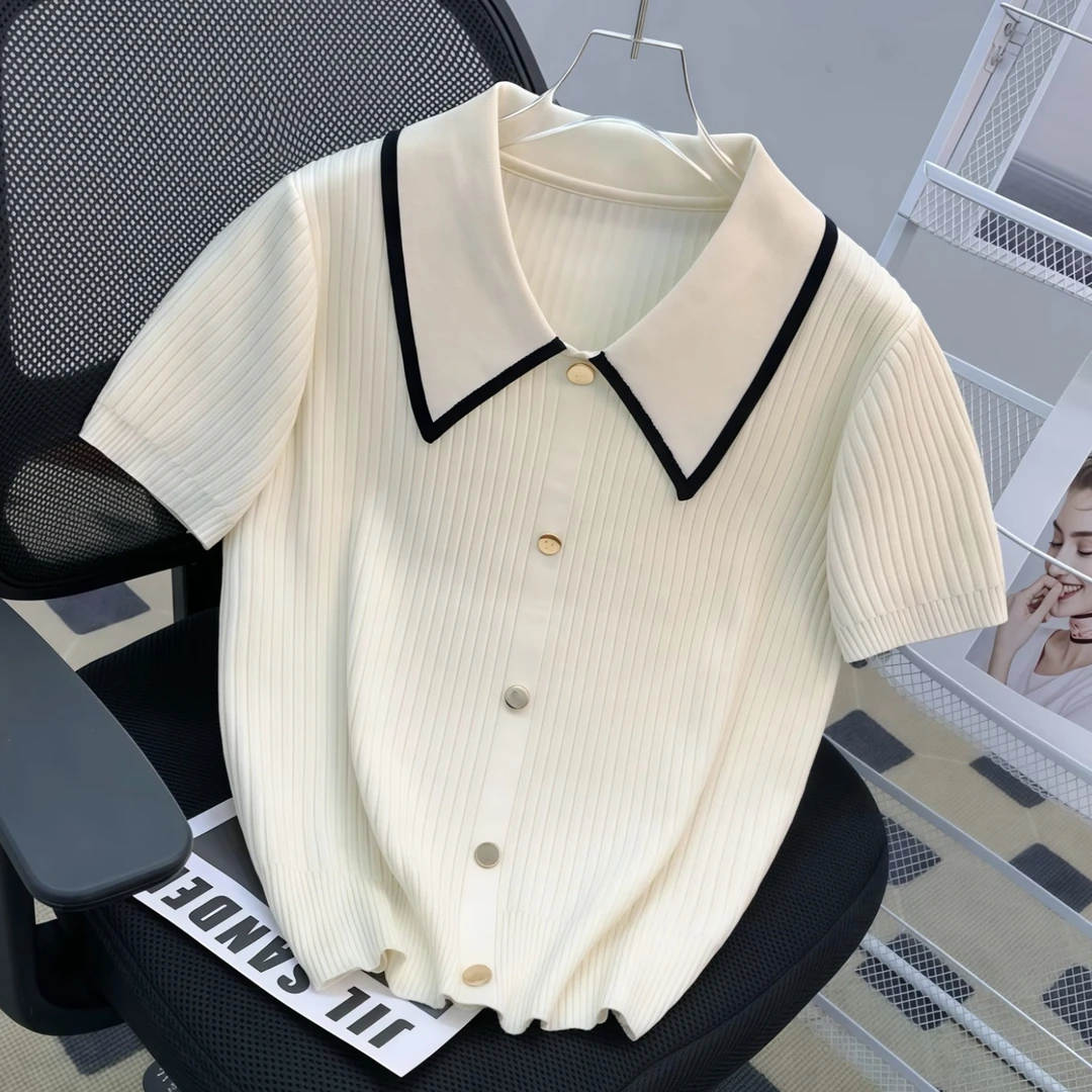 夏季薄款冰丝短袖女小香风气质翻领针织衫竖坑显瘦百搭上衣女