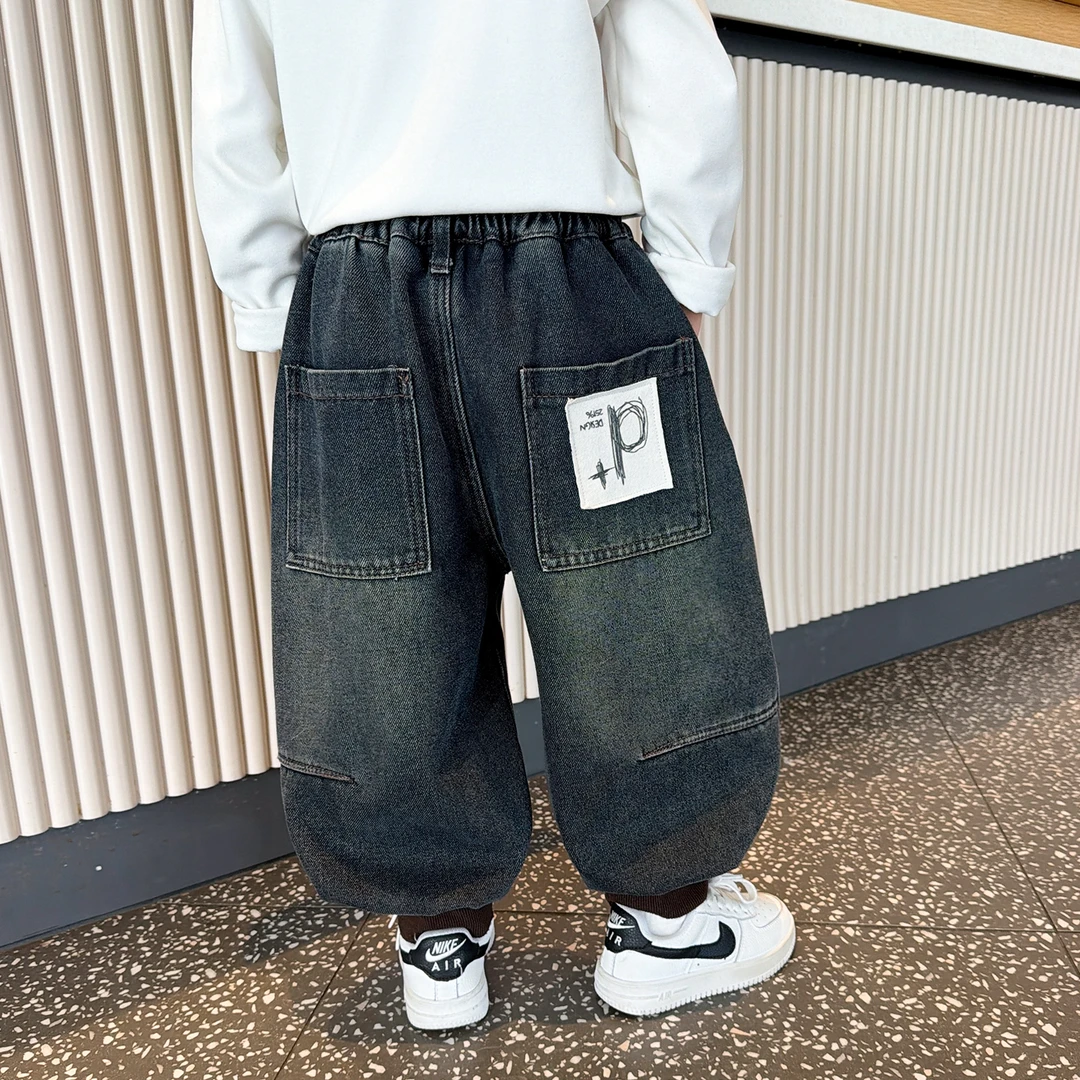 男童一体绒牛仔裤2025新款儿童秋冬宝宝加厚长裤男孩时髦冬装裤子