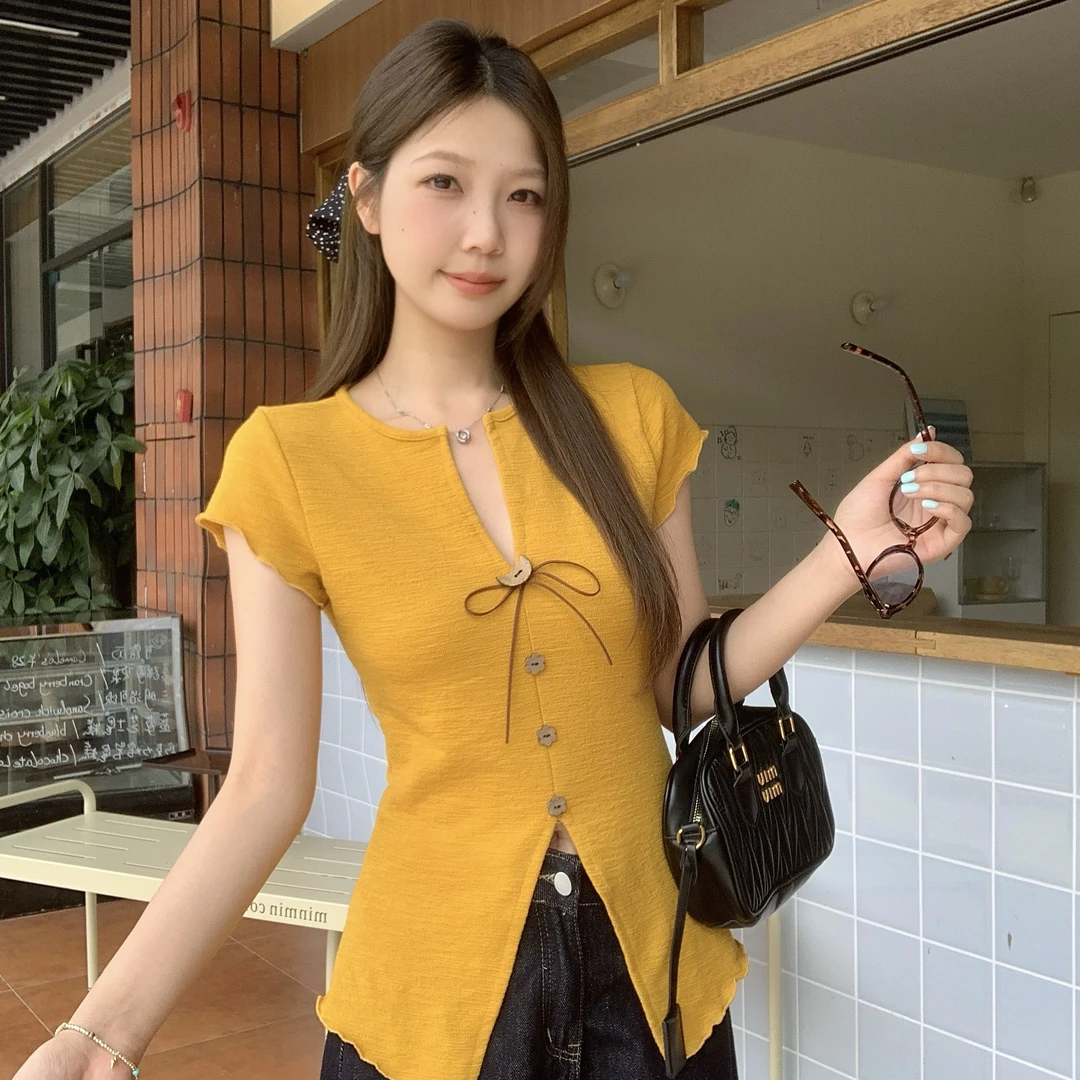 夏季韩版设计感正肩V领短袖小众开衩T恤上衣