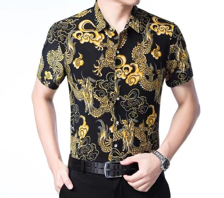 新款高档男士短袖衬衫爸爸装弹力男装透气时尚高弹衬衣男衬衣衣