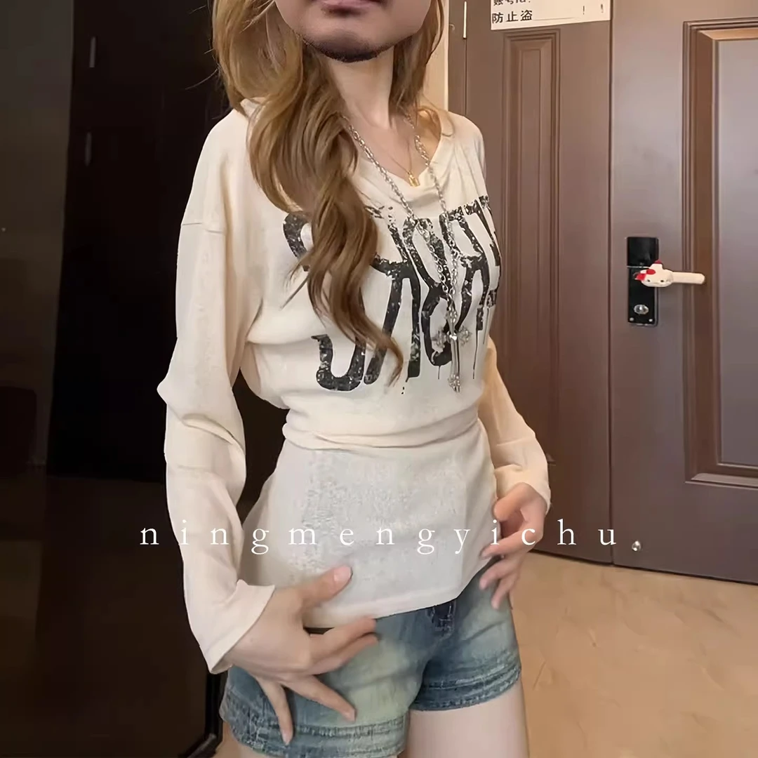 辣妹风字母印花长袖T恤女夏薄款设计感绑带收腰微透空调罩衫上衣