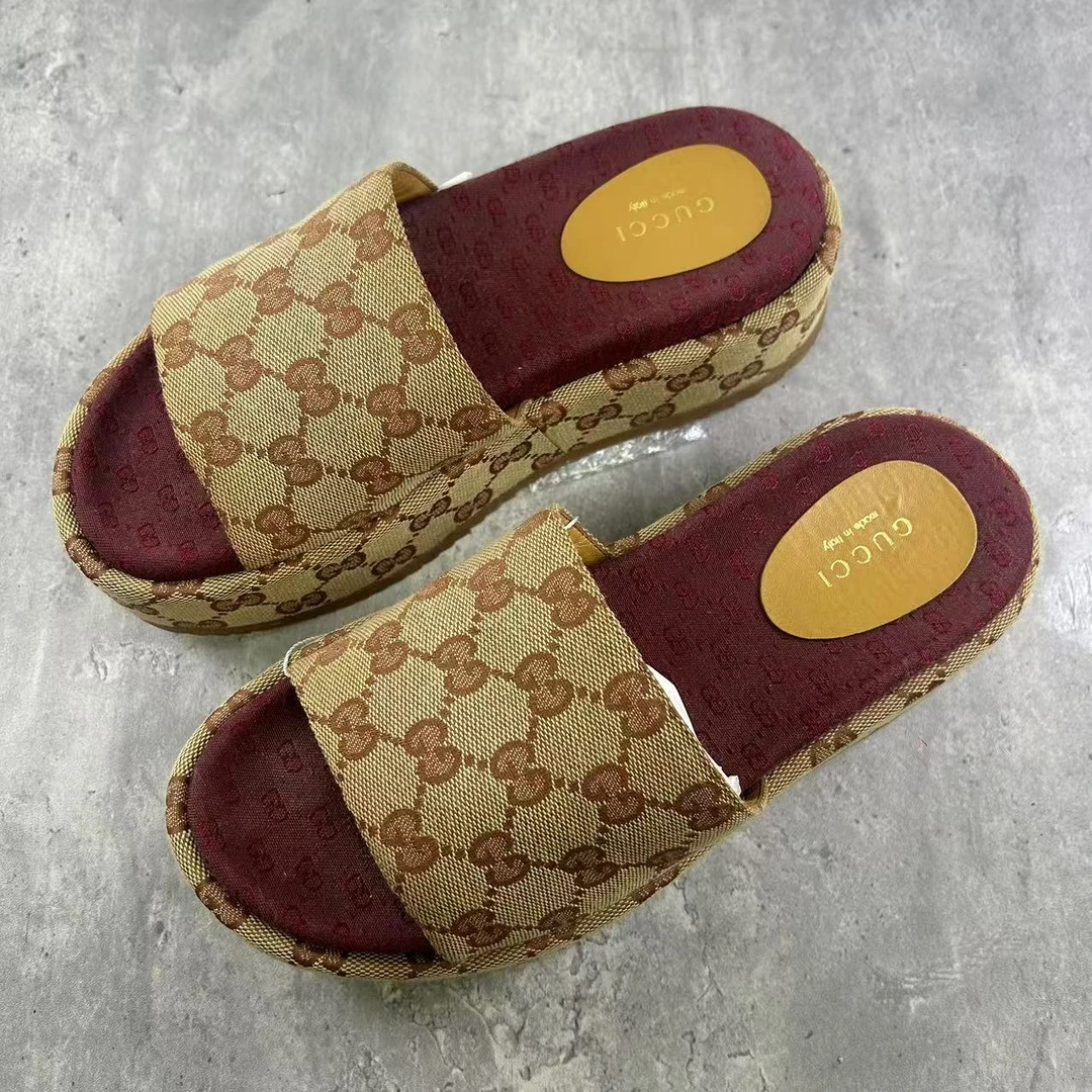 95新 GUCCI/古驰 36.5码/仔仔女鞋/浅棕色双G满印厚底拖鞋xxs1136