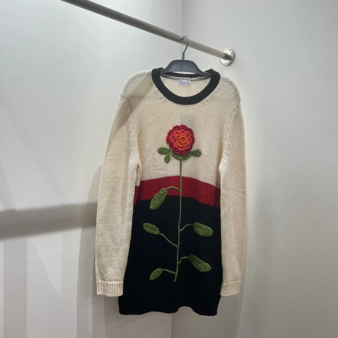 99新 Valentino/华伦天奴 dp27/花朵拼色针织长袖连衣裙 m码