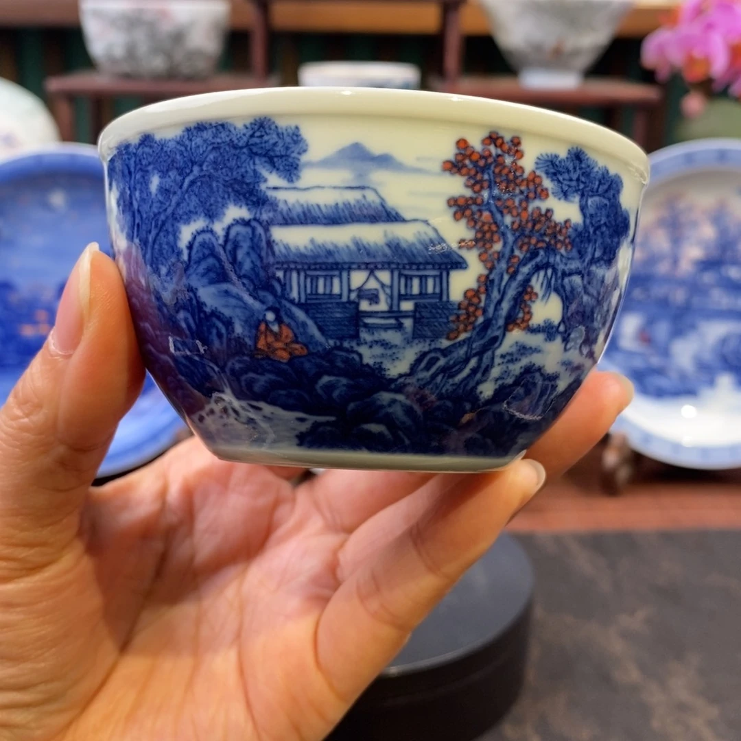 手工陶瓷柴窑青花山水缸杯