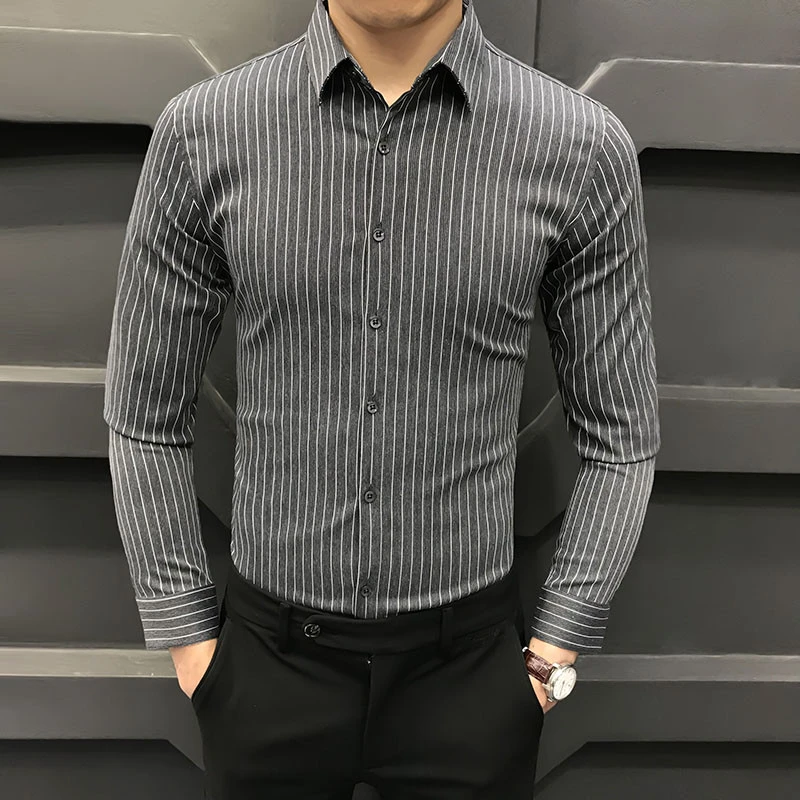秋季条纹衬衫男长袖2025新款男士商务休闲百搭衬衣免熨烫修身男装