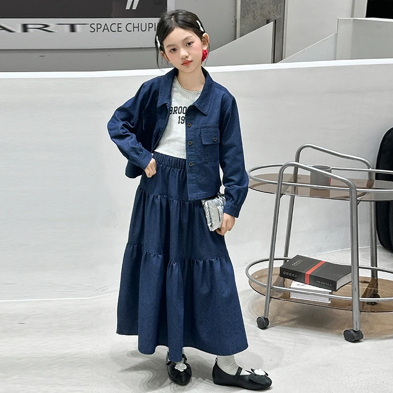 女童裙子套装春秋款2025新款儿童洋气春装女大童衬衫牛仔裙两件套