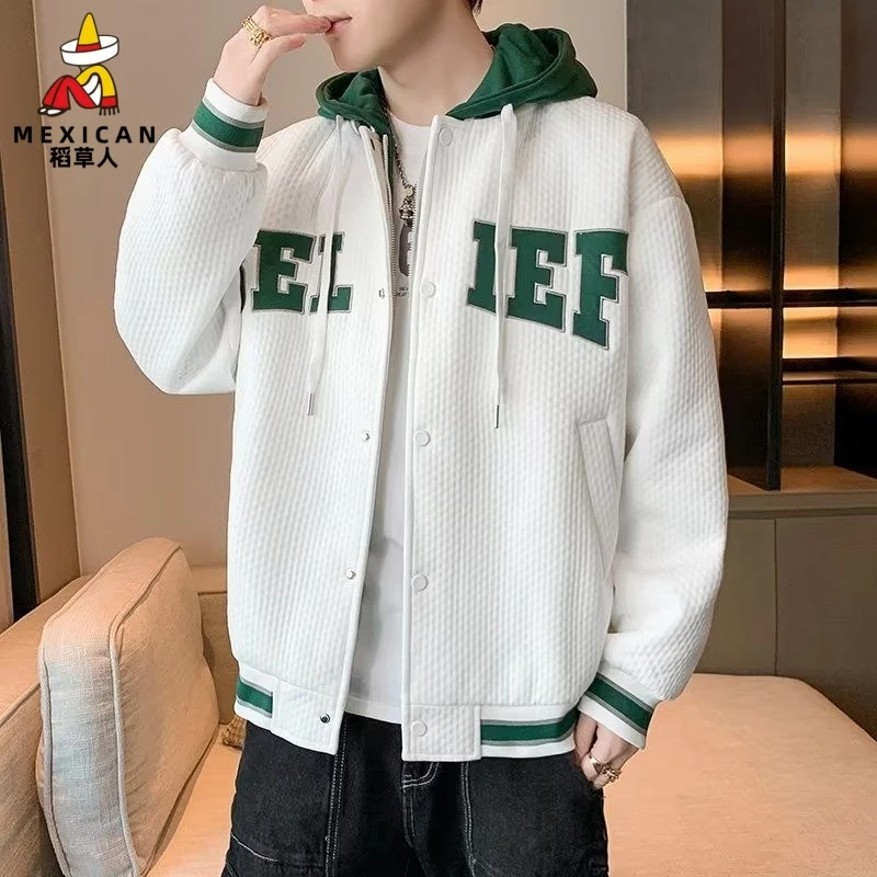 稻草人夹克男春秋韩版修身潮流假两件青少年休闲连帽春季外套涤纶