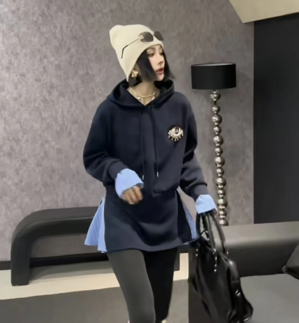 韩版气质拼接连帽显瘦假两件卫衣2527