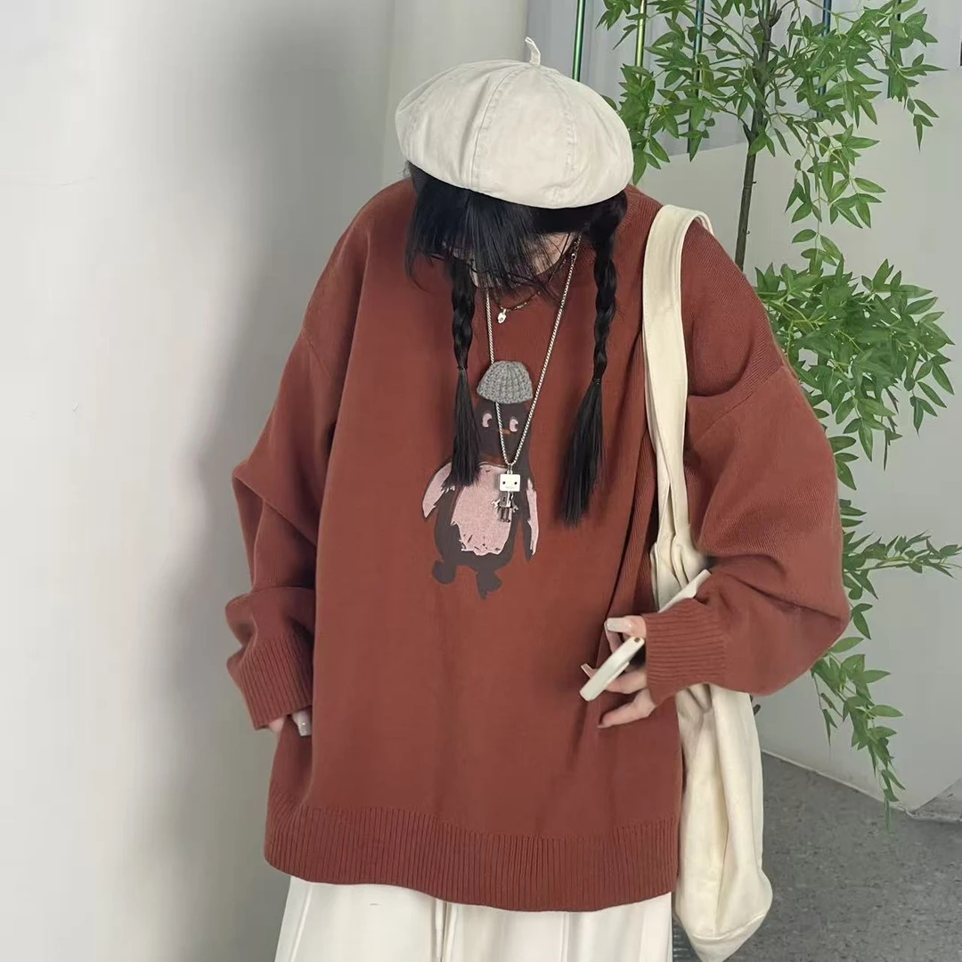 冬季新款宽松慵懒风圆领针织卡通印花长袖加厚毛衣50792款