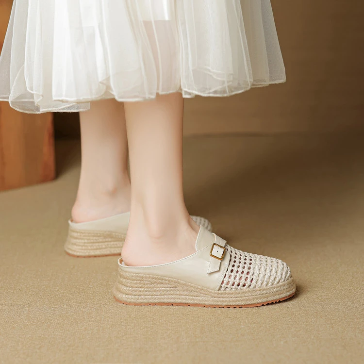 牛皮+编织4.5cm休闲度假风草编中跟坡跟凉鞋镂空包头厚底凉拖鞋女