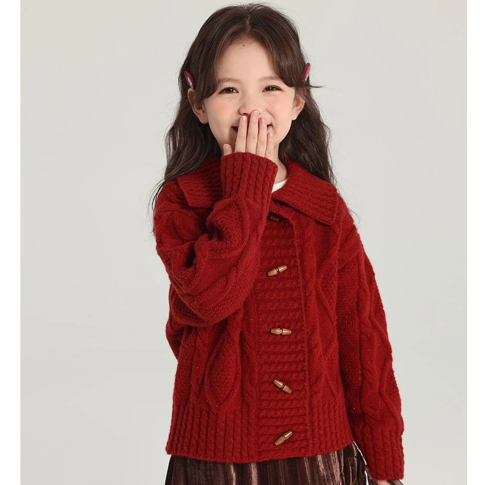 女童装拜年服红色百搭外套2025秋冬季新款中大儿童装新年开衫毛衣