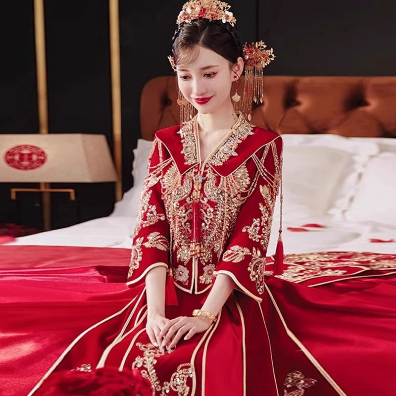 大码秀禾服婚服2025新款胖新娘V低领嫁衣200斤加肥加大出阁嫁衣女