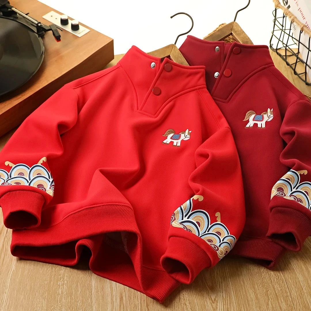 【新年拜年服加厚】儿童小马刺绣加绒卫衣帅气时髦中大童打底衫