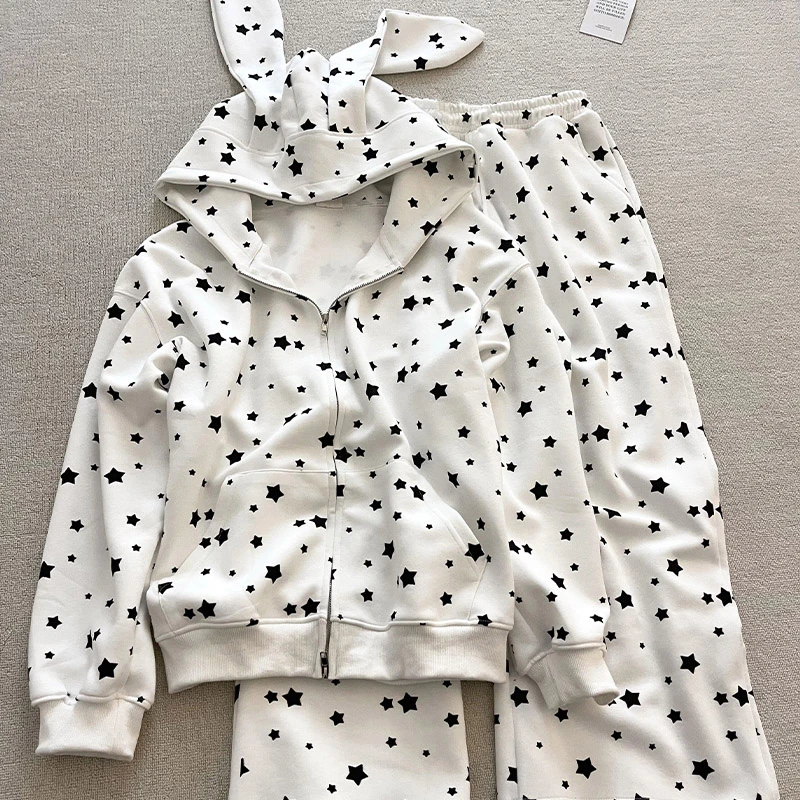 春秋新款女学生睡衣兔耳朵连帽星星印花宽松大码家居服可外穿套装