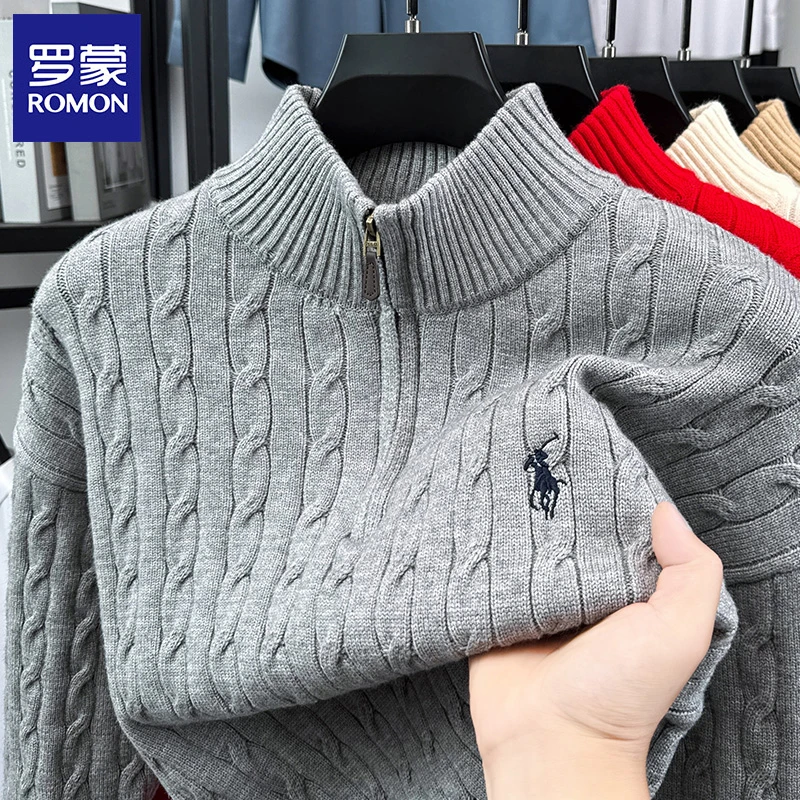 罗蒙男士秋冬新款半高拉链针织衫纯色加厚毛衣时尚休闲百搭打底衫