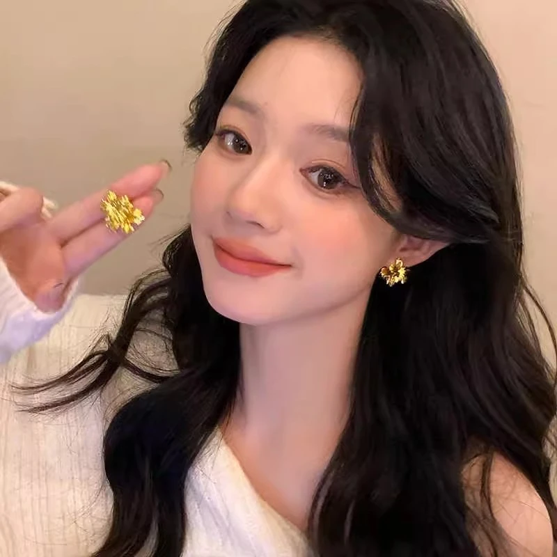 纯铜耳饰 古法金色立体双层花朵耳钉新款气质复古轻奢高级感耳饰