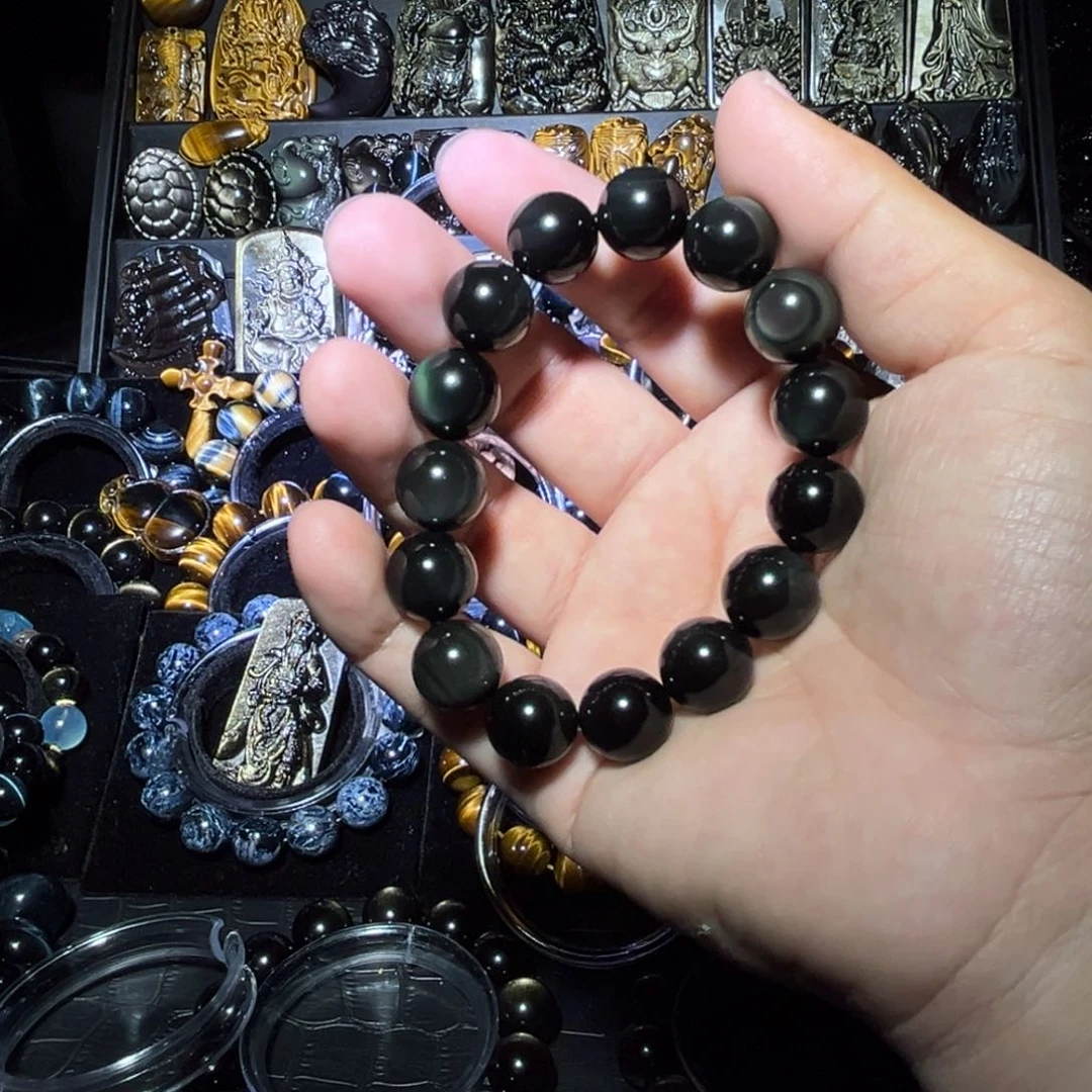 未镶嵌黑曜岩手链勇****冲天然彩虹眼黑曜石14m