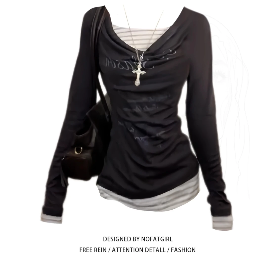 大码胖MM美式复古假两件拼接长袖t恤女早秋新款修身显瘦别致上衣