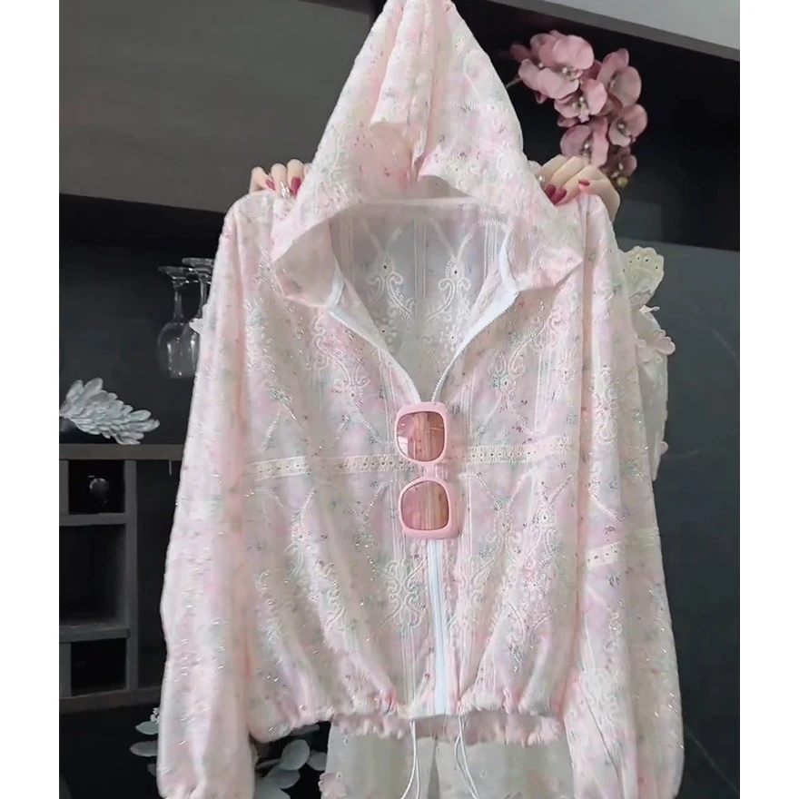 粉色防晒衫外套女夏别致绝美镂空钩花抽绳褶皱设计感拉链连帽上衣