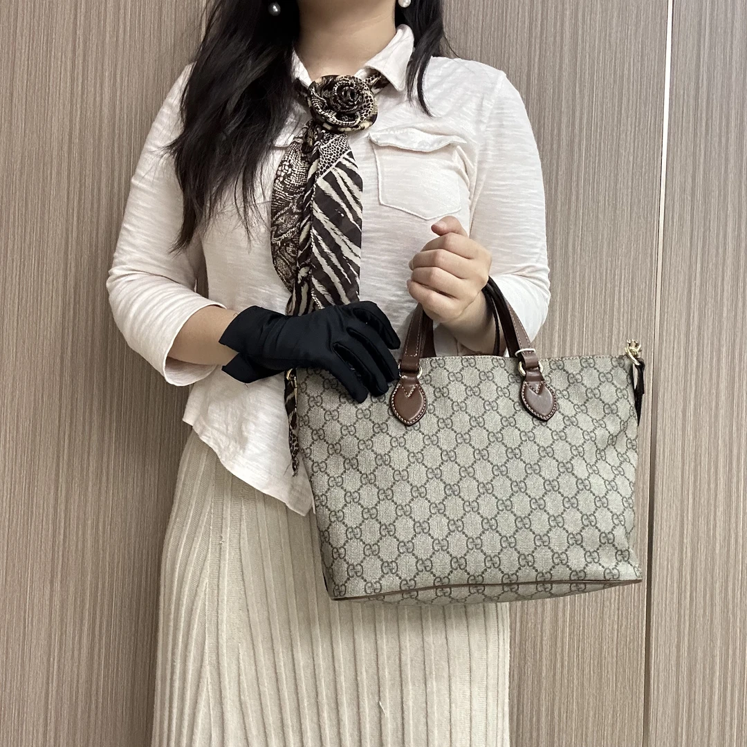 95新 GUCCI/古驰 老花帆布拼棕色托特包/H20961