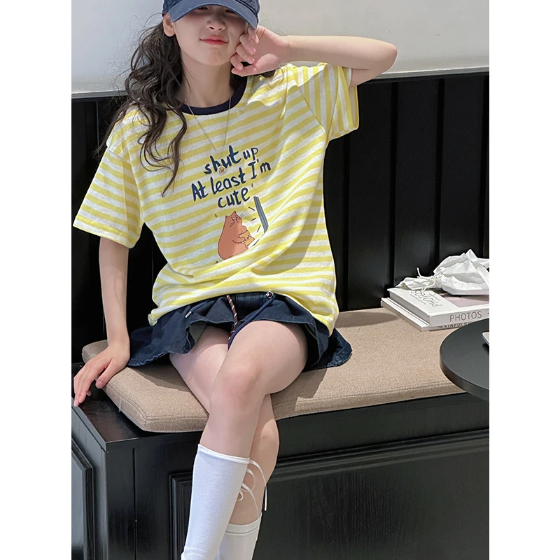 K28906韩系女童条纹短袖T恤2025新款夏装儿童上衣宽松百搭时髦潮t