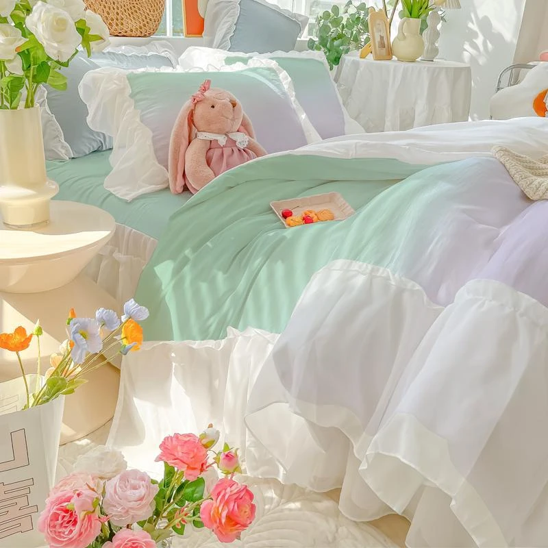 莫奈紫绿渐变色马卡龙水洗棉网红四件套花边白纱床上用品被套床裙