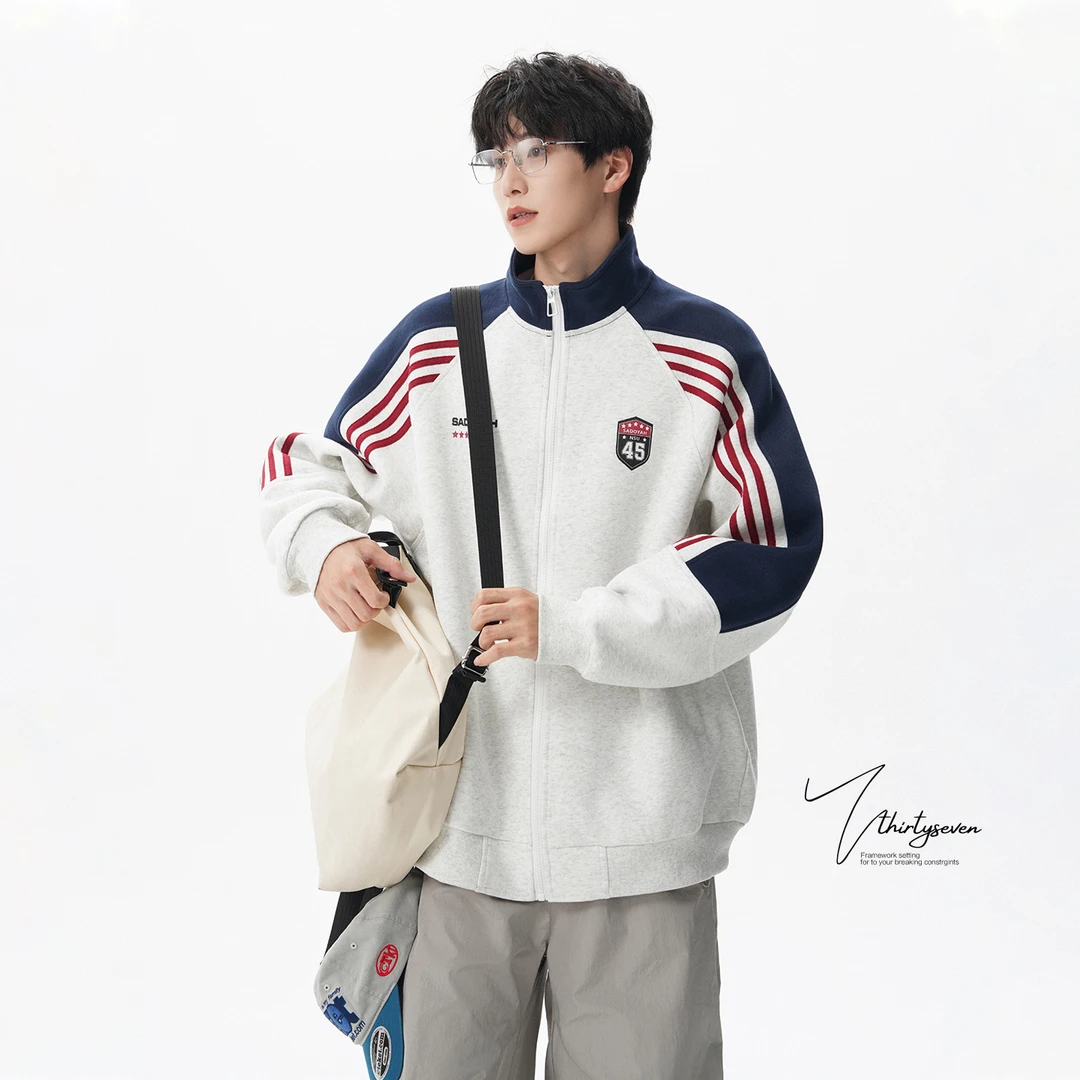 插肩袖运动开衫卫衣外套男秋季新款美式撞侣青少年织带夹克衫