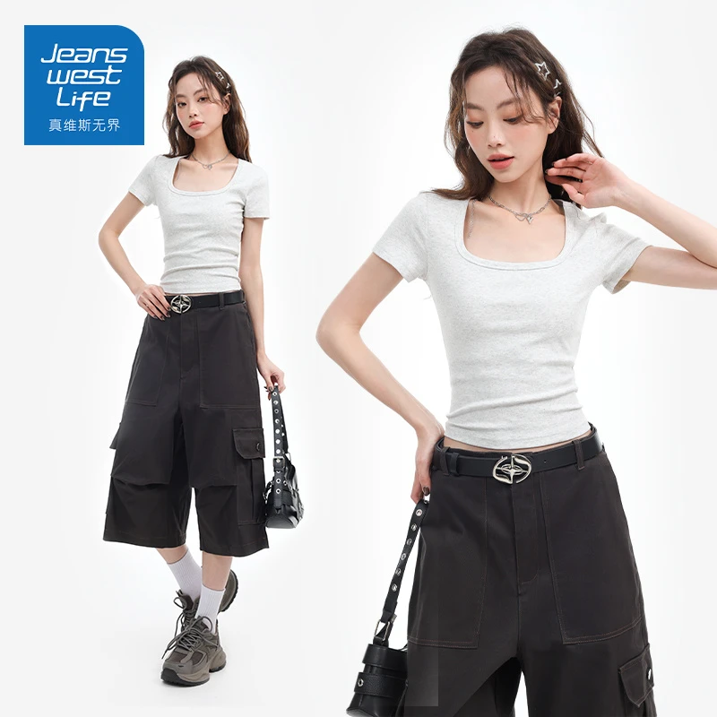 真维斯无界正肩方领短袖t恤女2025新款夏季修身时尚白色短款上衣