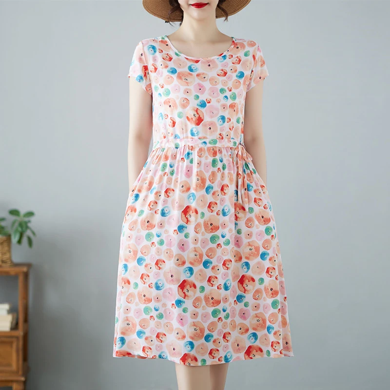 棉绸短袖连衣裙女夏新款时尚宽松居家外穿系带收腰过膝中长款裙子