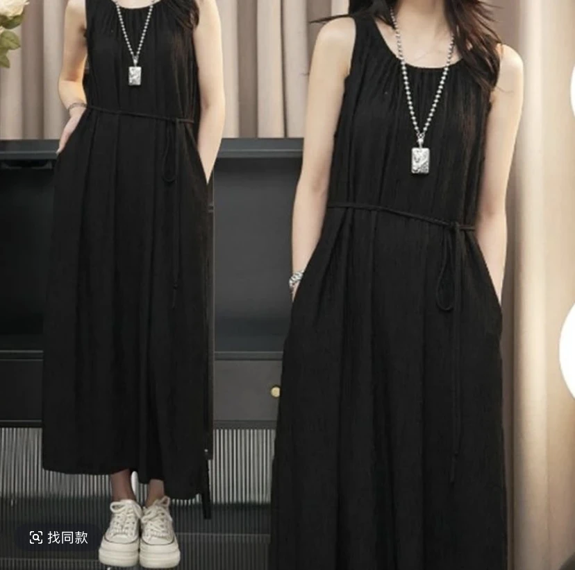 法式黑色连衣裙女夏时尚复古简约A字裙慵懒风无袖百搭宽松连衣裙