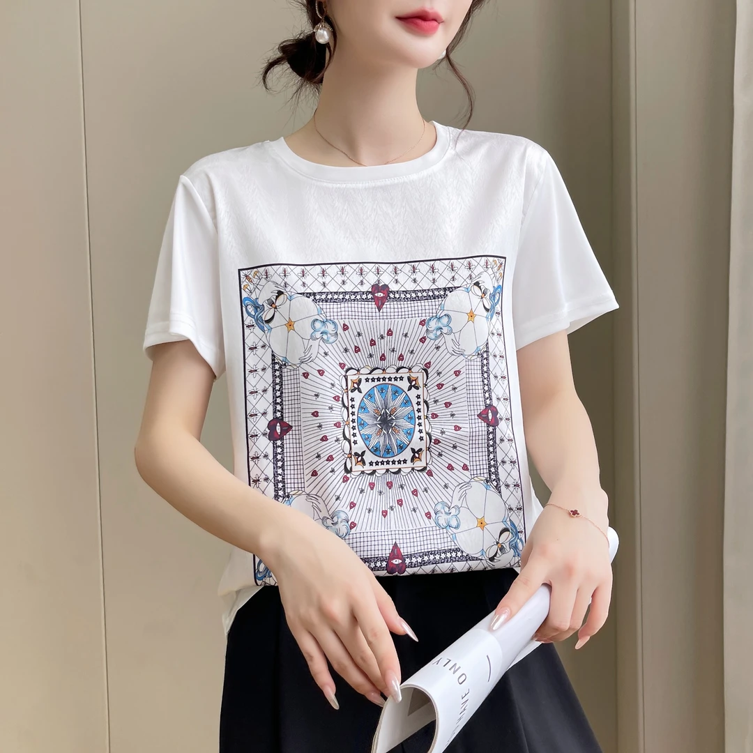 1474新款丝滑缎面冰凉感百搭时尚休闲女T恤AB拼接短袖