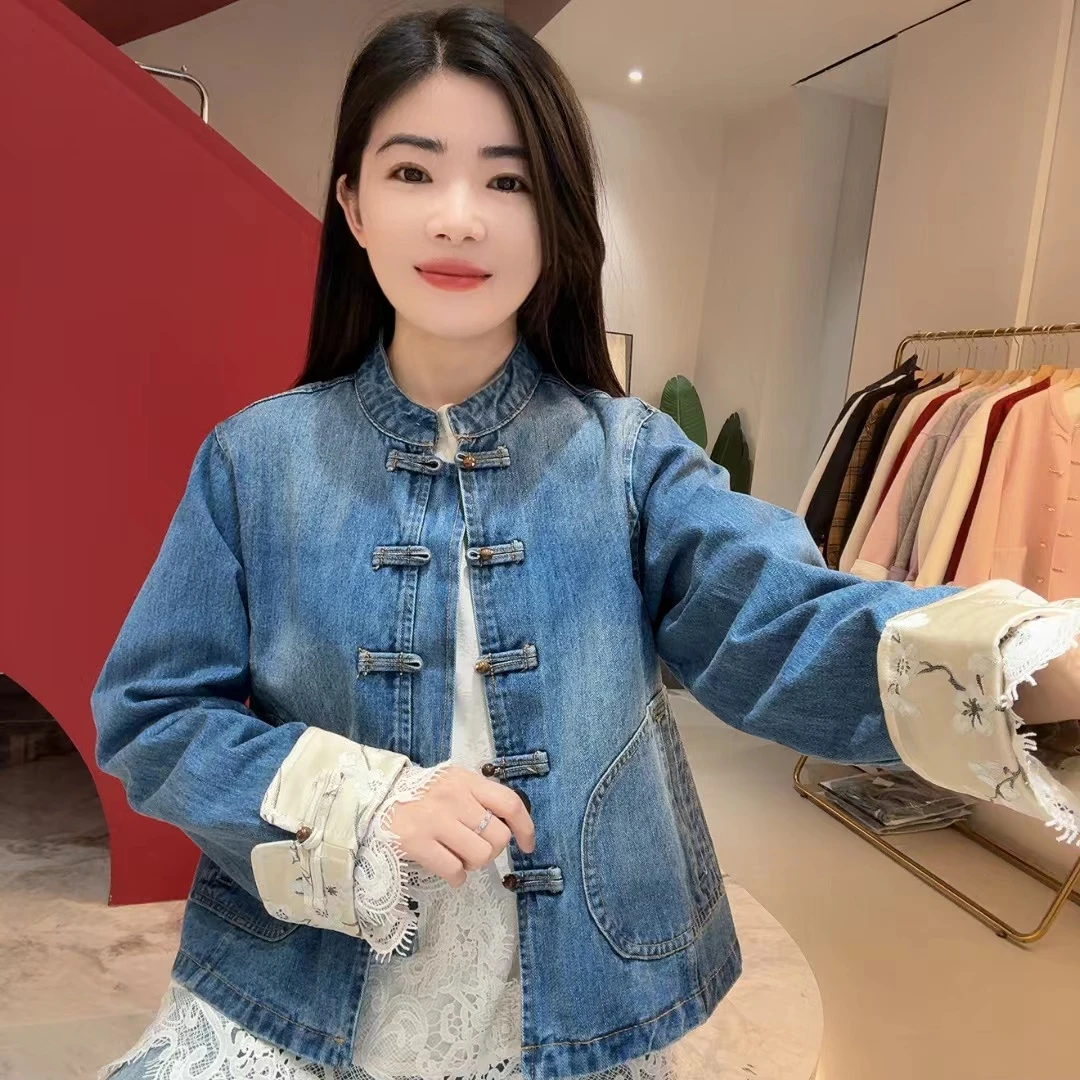 QC 252587 立领盘扣设计感牛仔外套时尚新中式长袖