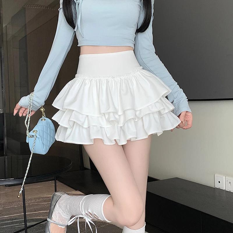 芭蕾风荷叶边蓬蓬裙高腰半身裙女蛋糕裙百搭气质防走光短裙子白色