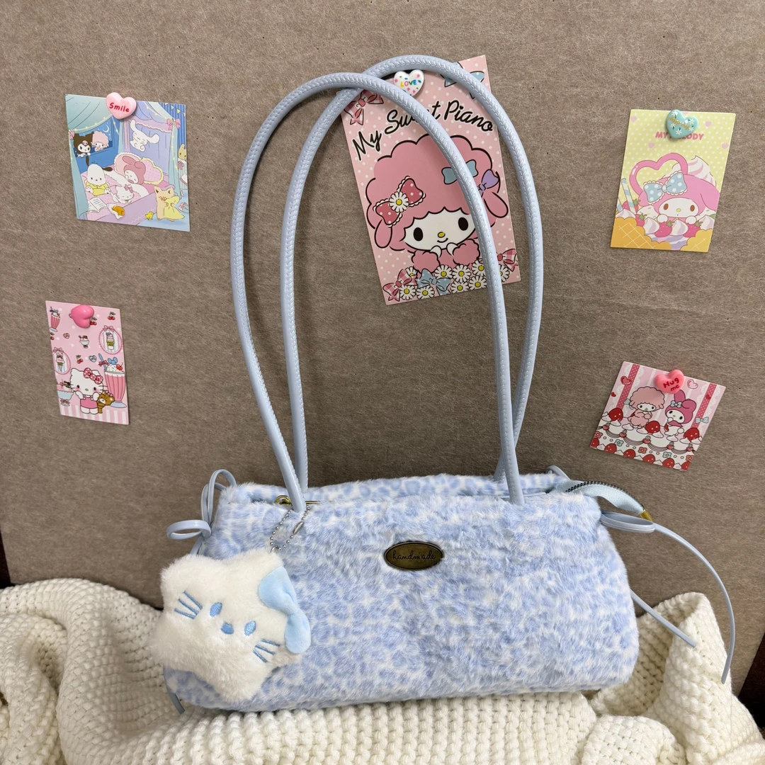 2026新款ins少女小众时尚毛绒法棍包蓝色豹纹单肩包腋下包送挂件