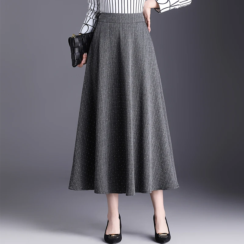 针织烫钻A字半身裙春秋灰色中长款大摆裙高腰显瘦长裙春季25618