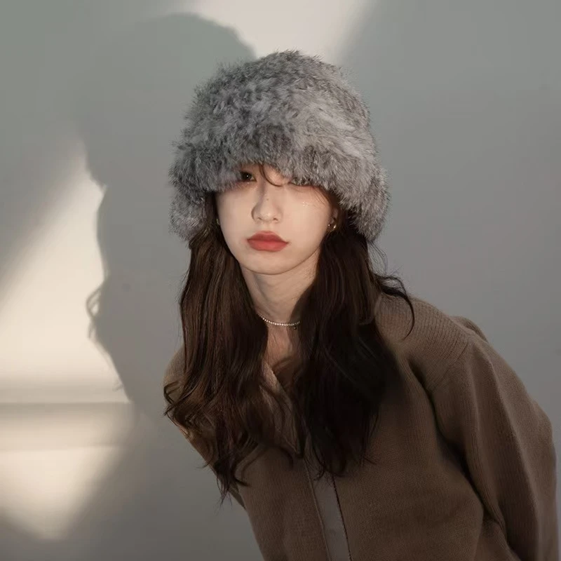 兔毛帽子女秋冬青灰色皮草大头围毛绒帽保暖渔夫帽韩版显脸小盆帽