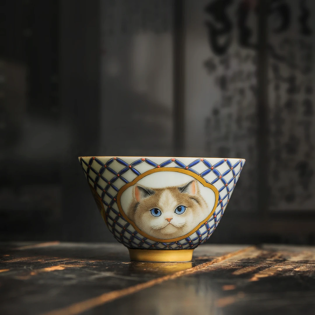 景德镇主人杯高端个人专用重工手绘开窗三只猫咪描金陶瓷功夫茶杯
