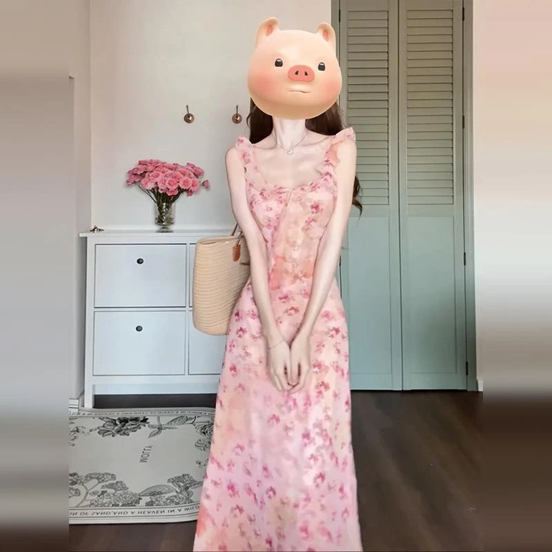 法式粉色碎花吊带连衣裙子女2025新款小个子高级感度假风气质长裙