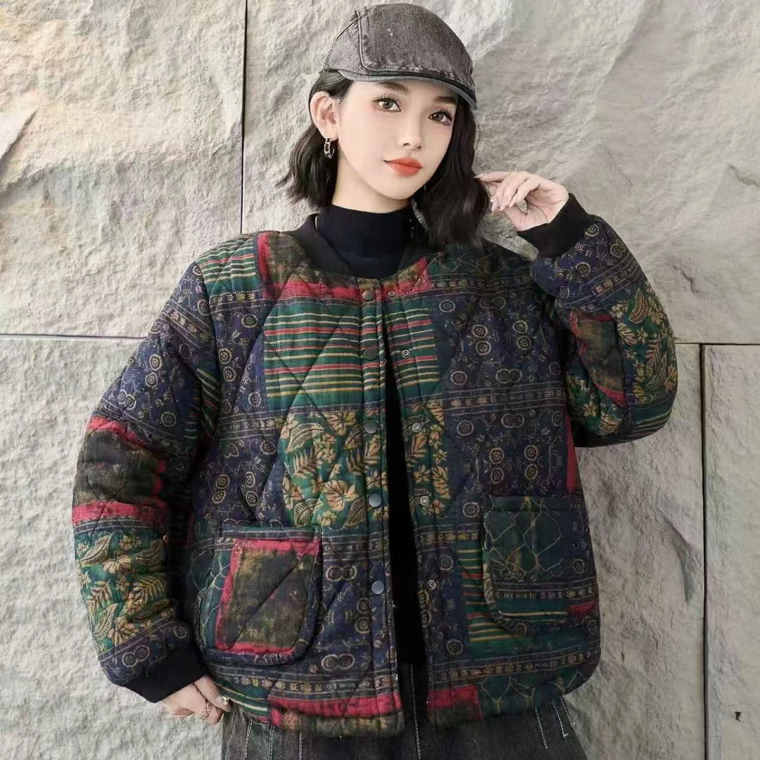 秋冬新款双面穿印花宽松保暖休闲百搭复古棉服外套女