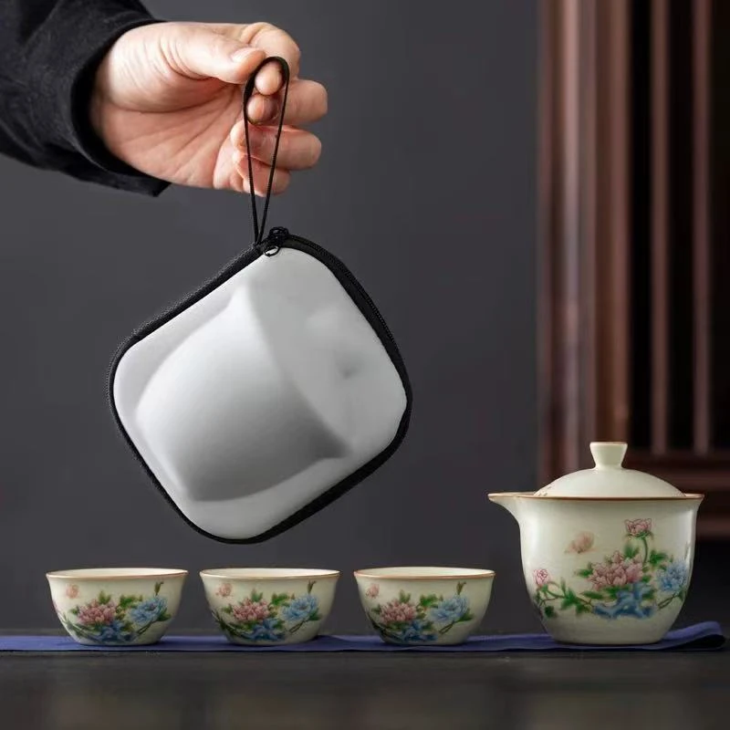 汝窑蝶恋花开片可养金丝铁线茶具旅行套装盖碗带三杯347