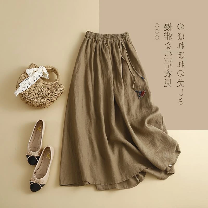 日单外贸出口女装慵懒设计感棉麻裙子A字中长款半身裙亚麻长裙夏