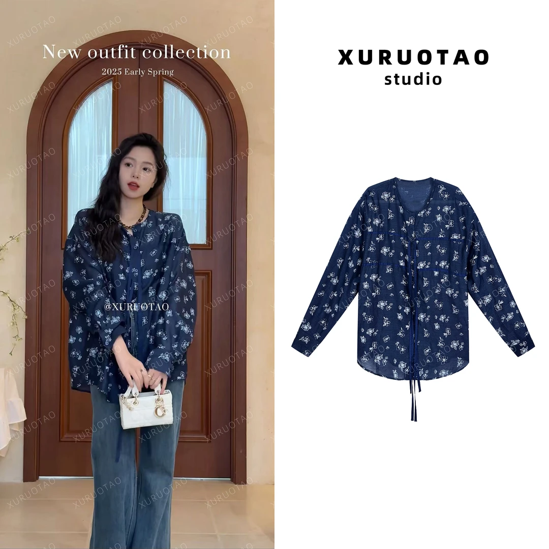 XURUOTAO【繁花】花朵显瘦时尚小众设计宽松气质蓝色衬衫 T5106