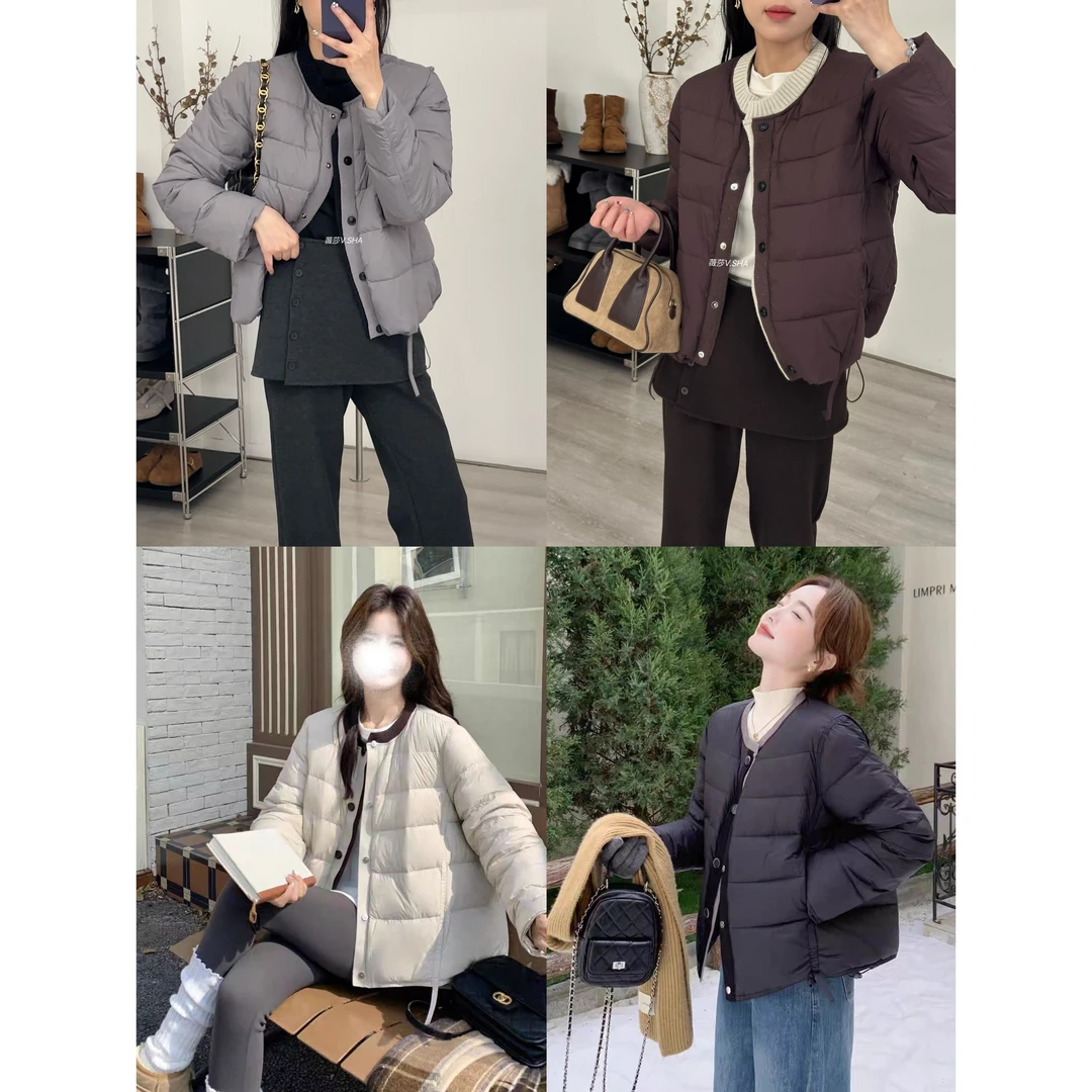 薇莎B62【现货】韩系撞色拼针织宽松圆领鸭绒保暖外套女