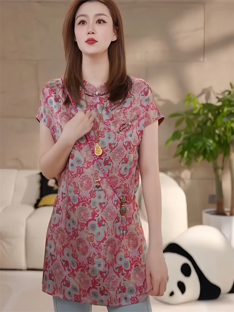 新中式国风斜襟盘扣开叉衬衫女2025夏款气质减龄提花短袖旗袍上衣